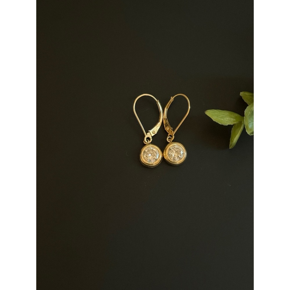 14k Yellow Gold Bezel Set Cubic Zirconia Leverback Drop Earrings 1.6g CZ - Picture 6 of 10